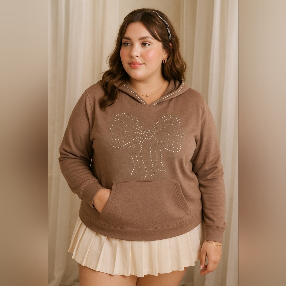Amana XL Brown Hoodie Embellished Bow & Hood Kangaroo Pocket‎ Cozy Stretch Top